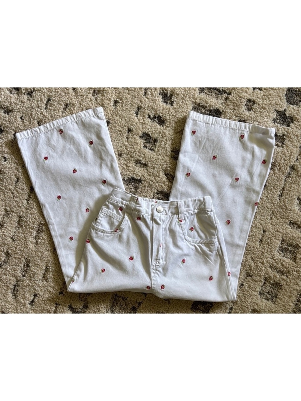 Y2K Faded Glory Girls Strawberry Embroidered White Wide Leg Pants